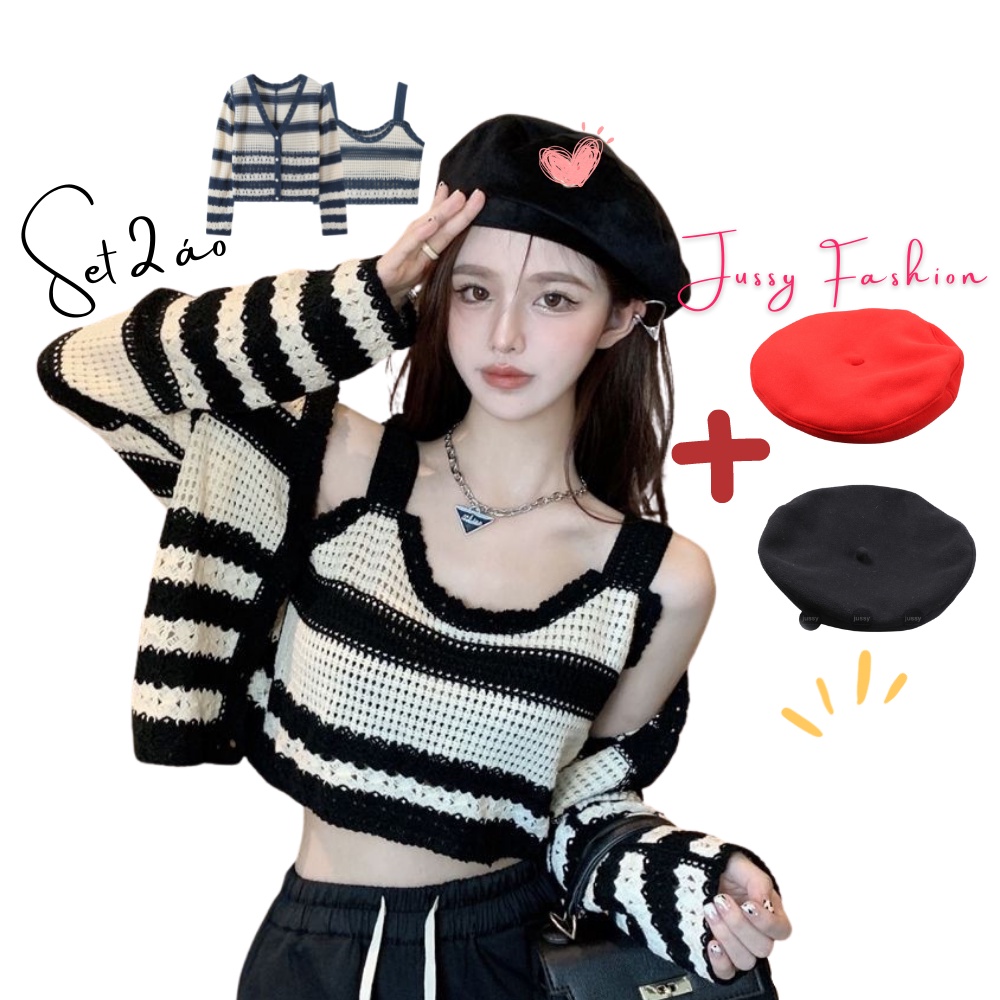 Set áo len lưới Juss Official Chất Lưới Đan Chắc Chắn Gồm áo khoác và áo 2 dây bên trong siêu xinh