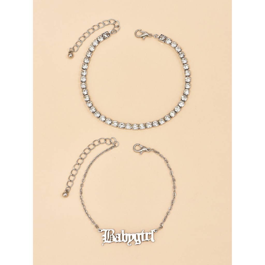 Bộ 2 lắc chân đơn giản bằng kim loại không gỉ đính đá họa tiết chữ babygirl cho nữ