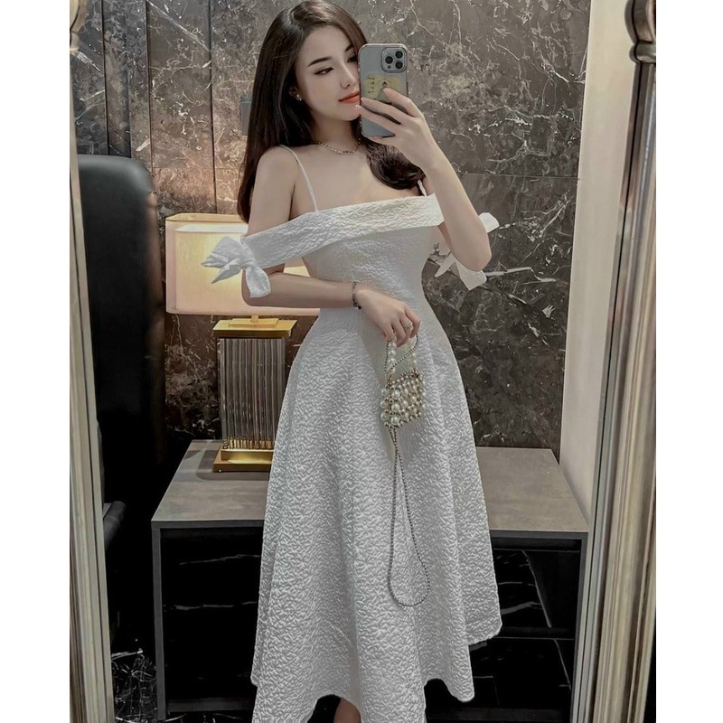 Đầm tiểu thư dáng xòe hai dây trễ vai nơ cực dễ thương đi chơi dự tiệc sang chảnh