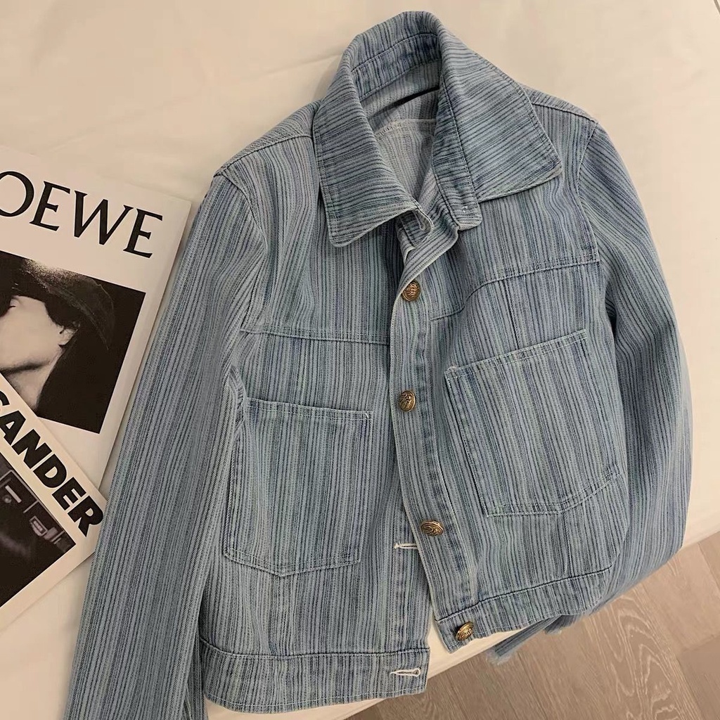 Áo Khoác Denim Ngắn / Jaket Berpingg Kẻ Sọc Dọc Tua Rua Phong Cách Hồng Kông Cổ Điển Thời Trang Mùa Xuân Mới Năm 2021 Dành Cho Bạn Nữ