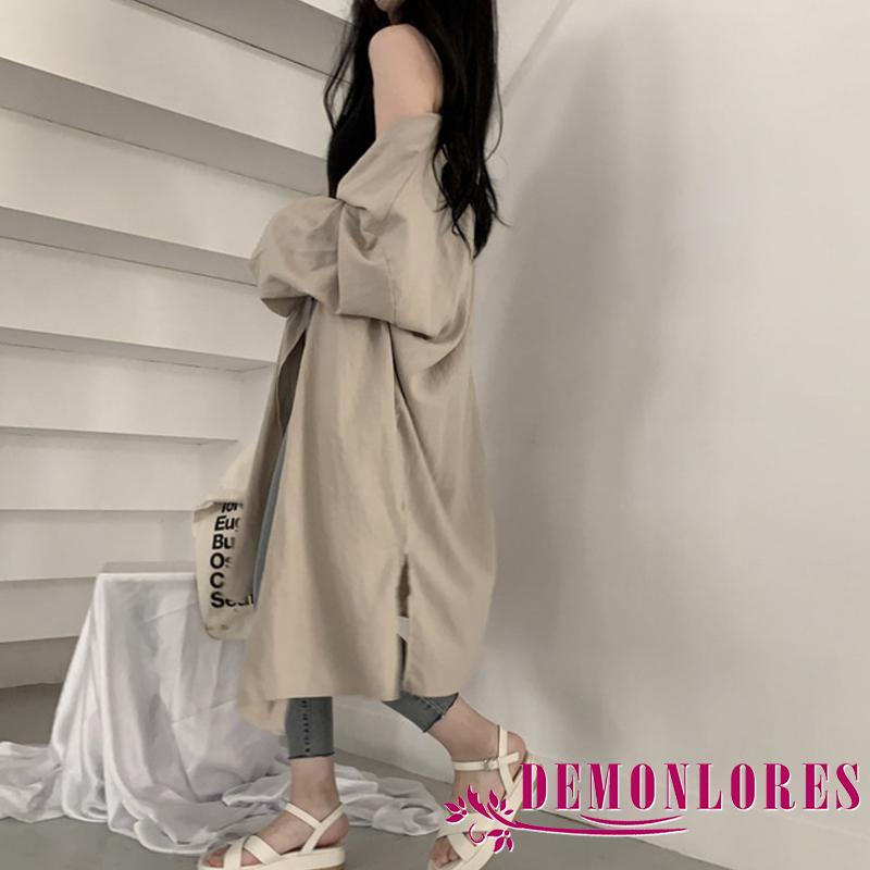 Áo Khoác Cardigan Tay Dài Màu Trơn Dáng Rộng Xẻ Tà Thời Trang Mùa Hè Cho Nữ