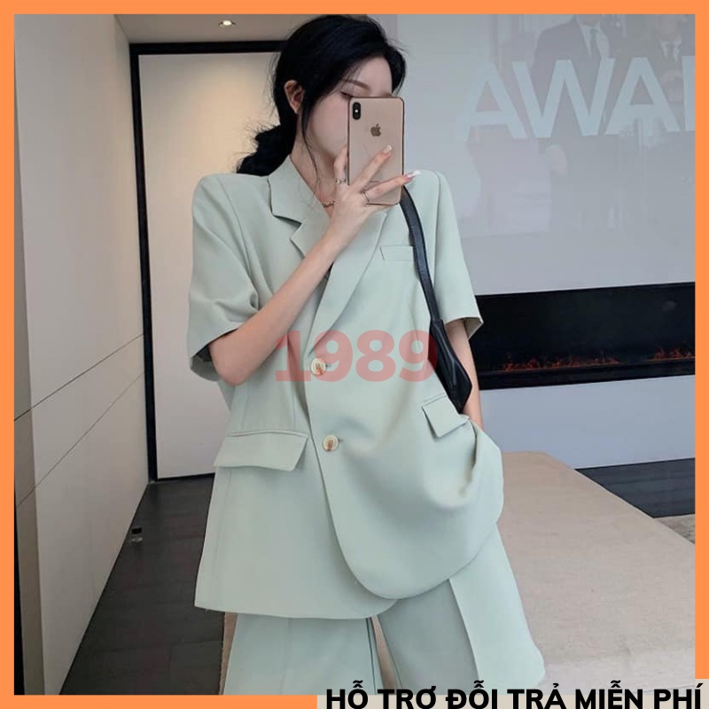 Set áo vest trơn XANH basic cộc tay kèm quần short form oversize, Set áo Blazer kèm quần short Hàn Quốc THỜITRANG1989 | BigBuy360 - bigbuy360.vn