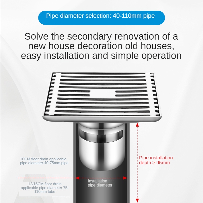 Thoát sàn phòng tắm 15x15cm cao cấp Xinkunlong，Thoát sàn chống mùi Inox SUS304 Thích hợp cho 70/90/110 đường ống Thoát Nước Nhanh