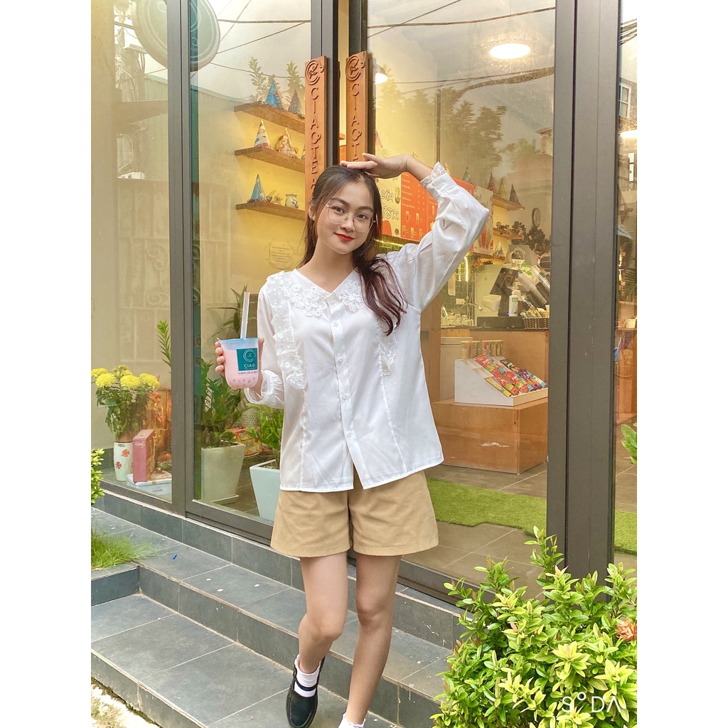 Áo sơ mi nữ tay dài họa tiết A892, kiểu áo nữ hàn quốc bánh bèo cổ V thiết kế ren hoa đẹp sang chảnh mặc đi làm đi học | BigBuy360 - bigbuy360.vn