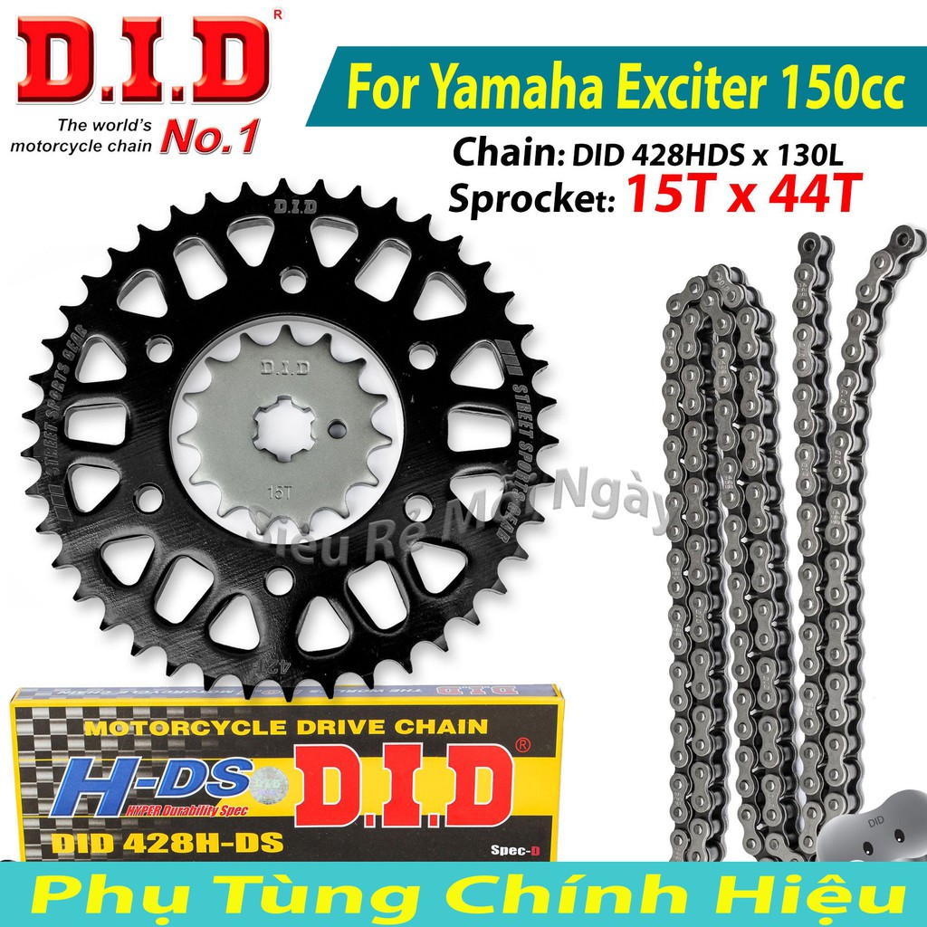 Bộ Nhông Sên Dĩa DID Exciter 150cc Độ 15T x 44T Sên DID đen 130L 10ly Thái Lan