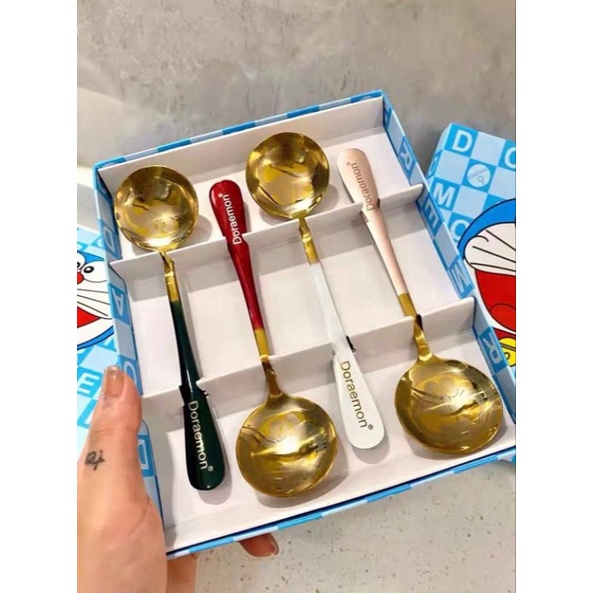 Set 4 thìa doraemon inox dễ thương, muỗng inox 410 doremon thép không gỉ nhiều màu