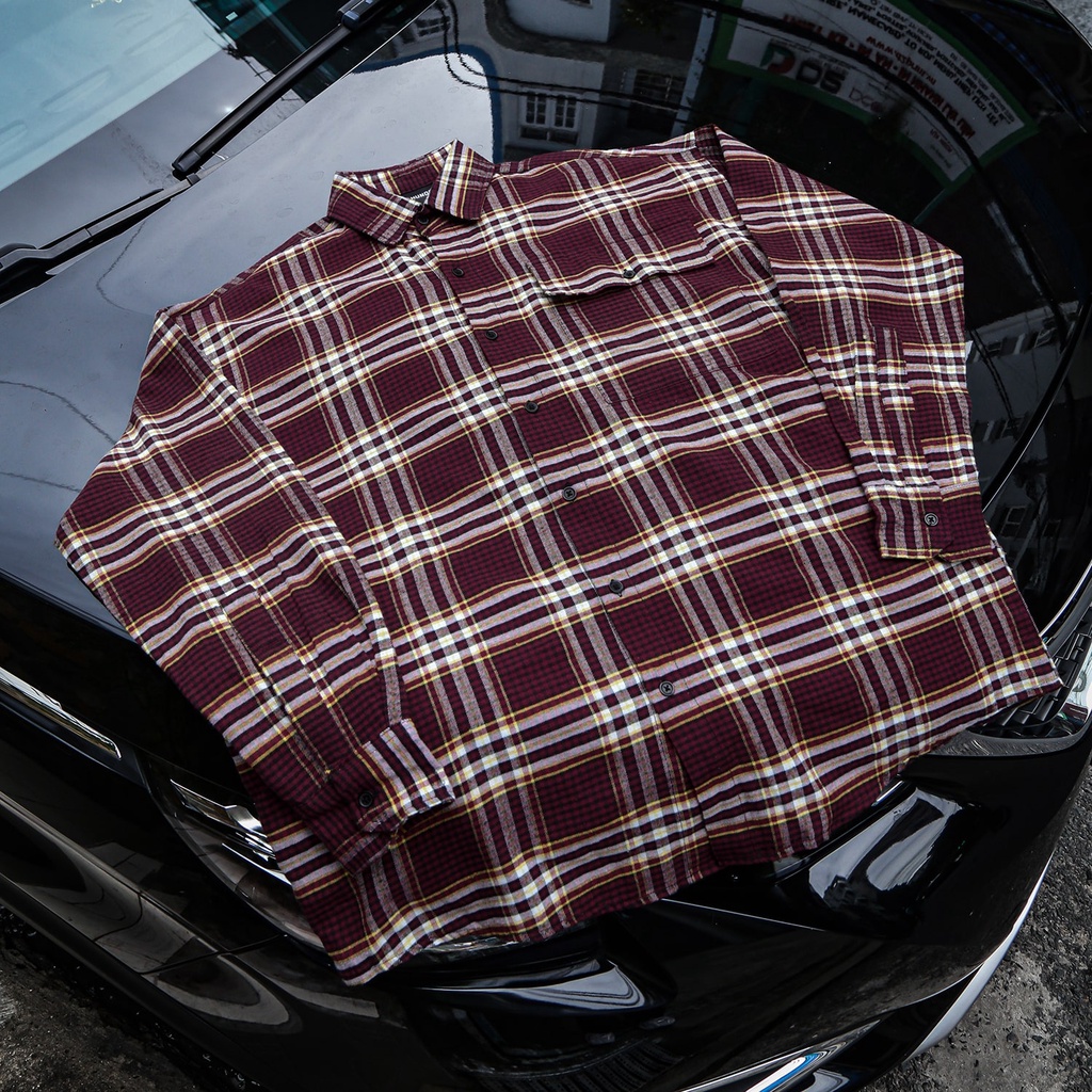 Áo Sơ Mi Flannel Màu Nâu Sọc Đỏ Form Rộng Thoải Mái Chất Liệu Cotton Thoáng Mát