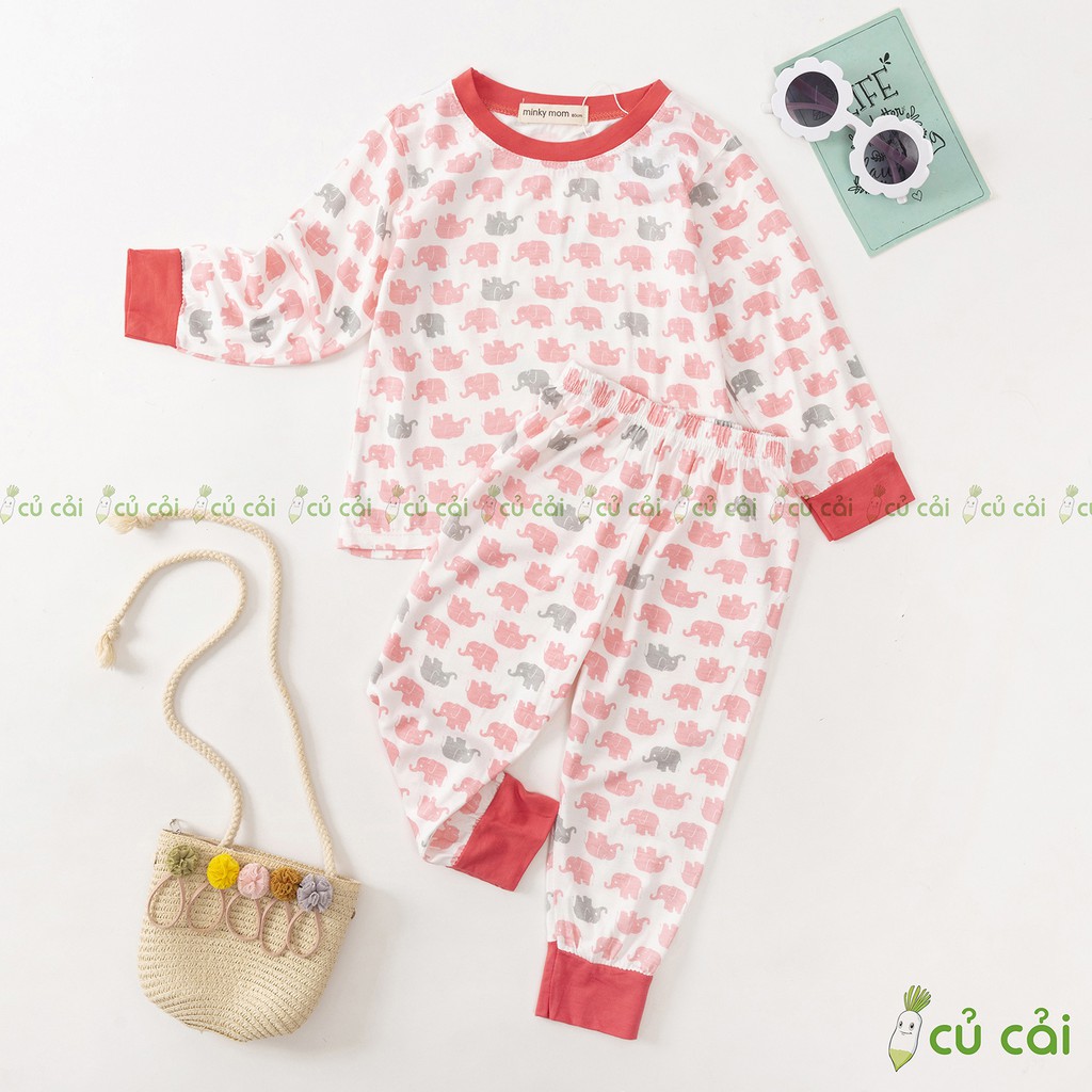 Bộ dài tay cho bé trai, bé gái vải thun lạnh Minky mom viền cổ họa tiết động vật