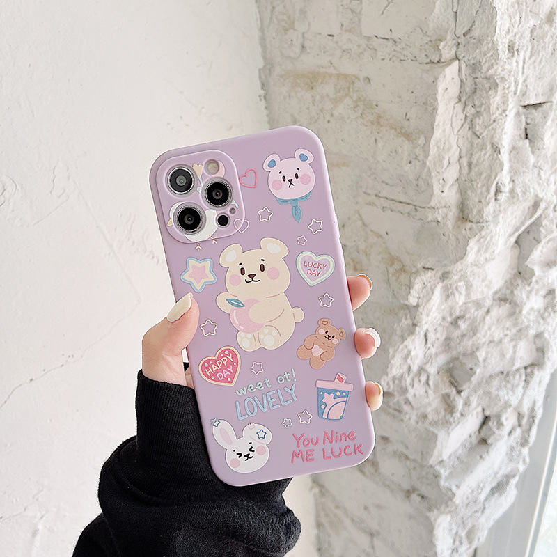 The new cute bear protective cover is suitable for Apple 12 mobile phone case, for female iPhone 11ProMax straight edge Rubik's Cube soft case XR6S78Plus SE anti-collision and anti-drop case