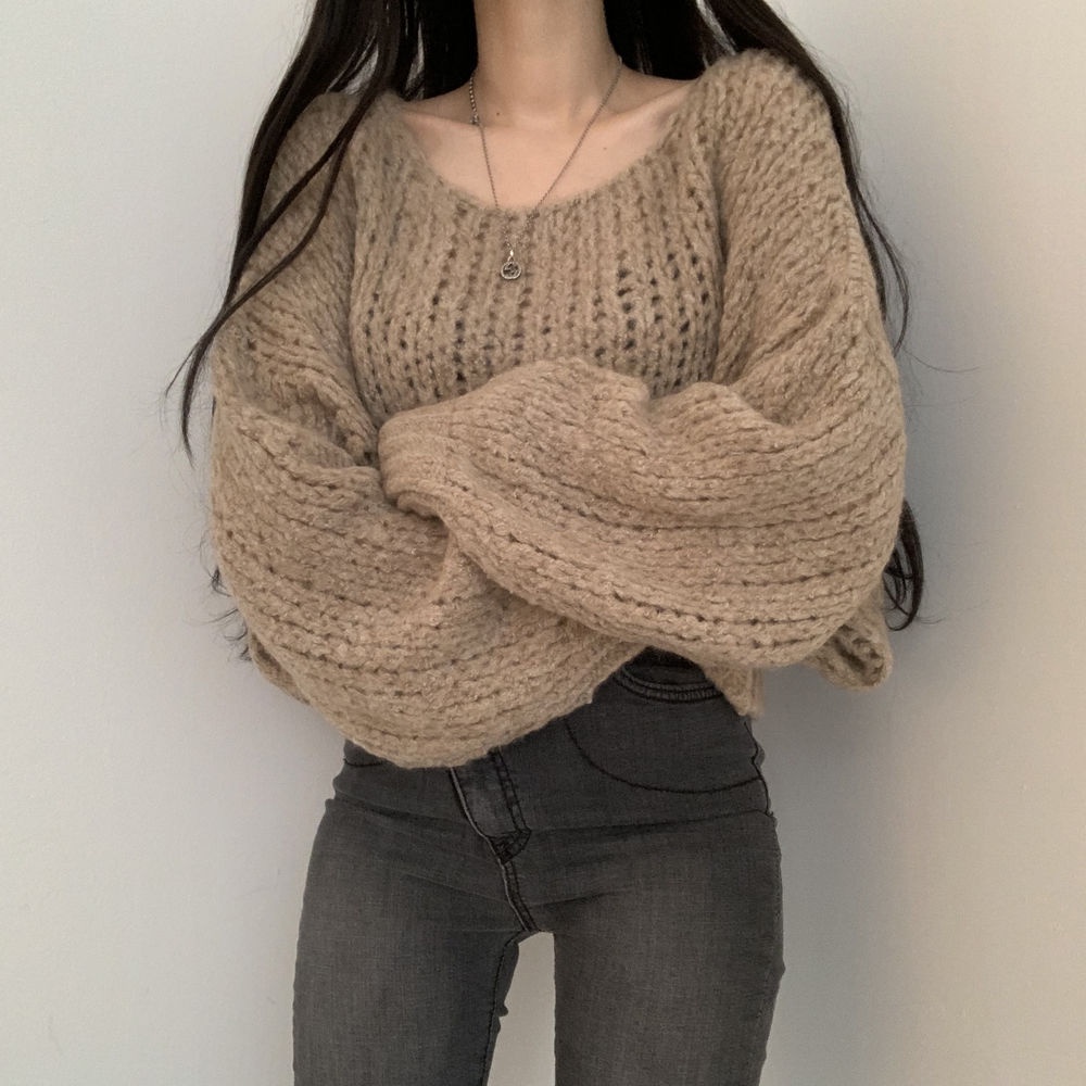 Áo sweater dệt kim tay phồng dáng rộng màu sắc ngọt ngào phong cách Hàn Quốc xinh xắn cho nữ