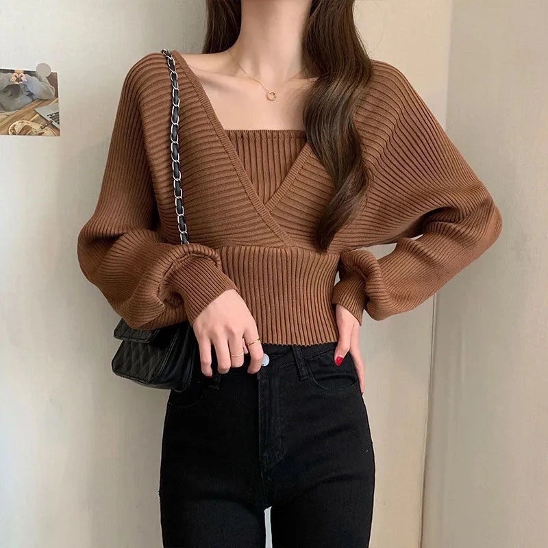 Áo len nữ màu nâu đen hồng đỏ cổ chữ V tay dài bồng tiểu thư cá tính phong cách Ulzzang Hàn Quốc chất loại 1 Quảng Châu | BigBuy360 - bigbuy360.vn