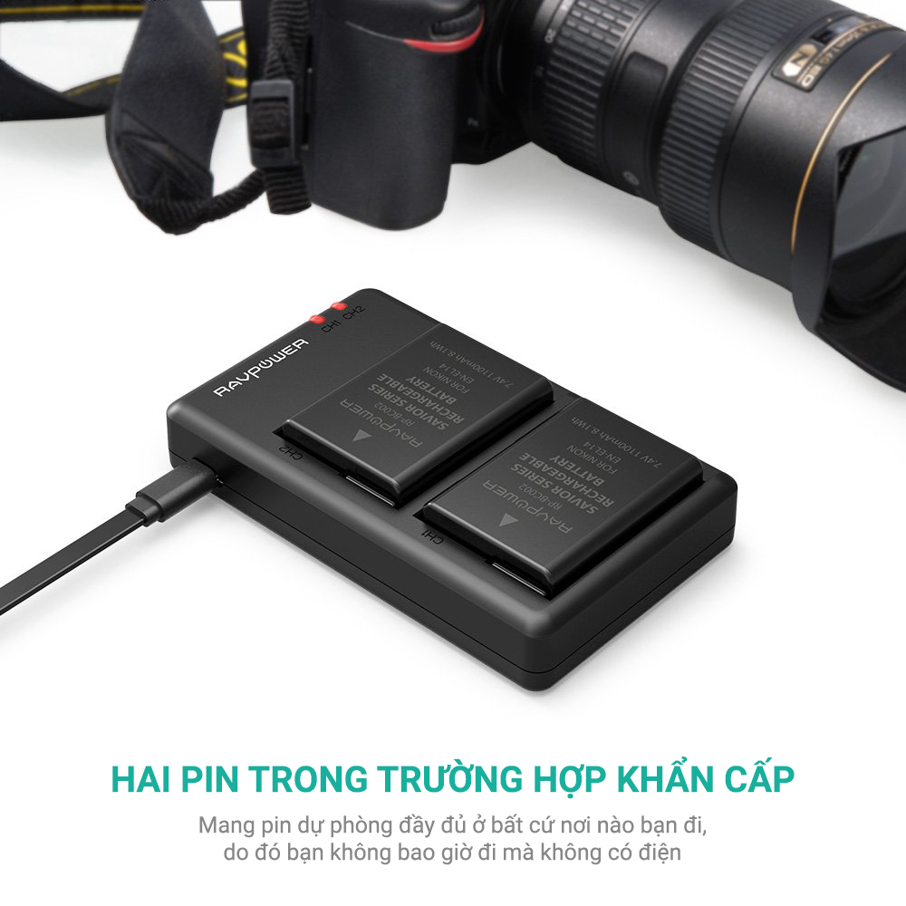 Bộ 2 Pin + Sạc Đôi RAVPower EN-EL15 Cho Nikon D7200, D800, D800E, D810, D850... (Hàng Chính Hãng)