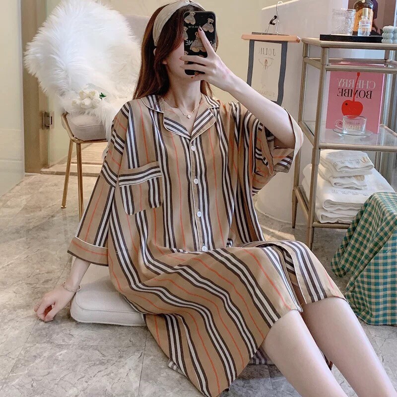 Váy Pijama Lanh Lụa Tay Lỡ Siêu Mát ( Bầu To Mặc Được) Hàng Nhập Quảng Châu