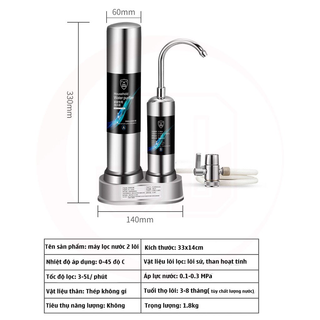 Máy Lọc Nước Tại Vòi Water Purifier - Bộ Lọc Nước 2 Lõi Sứ Than Hoạt Tính Không Dùng Điện Không Nước Thải JDX