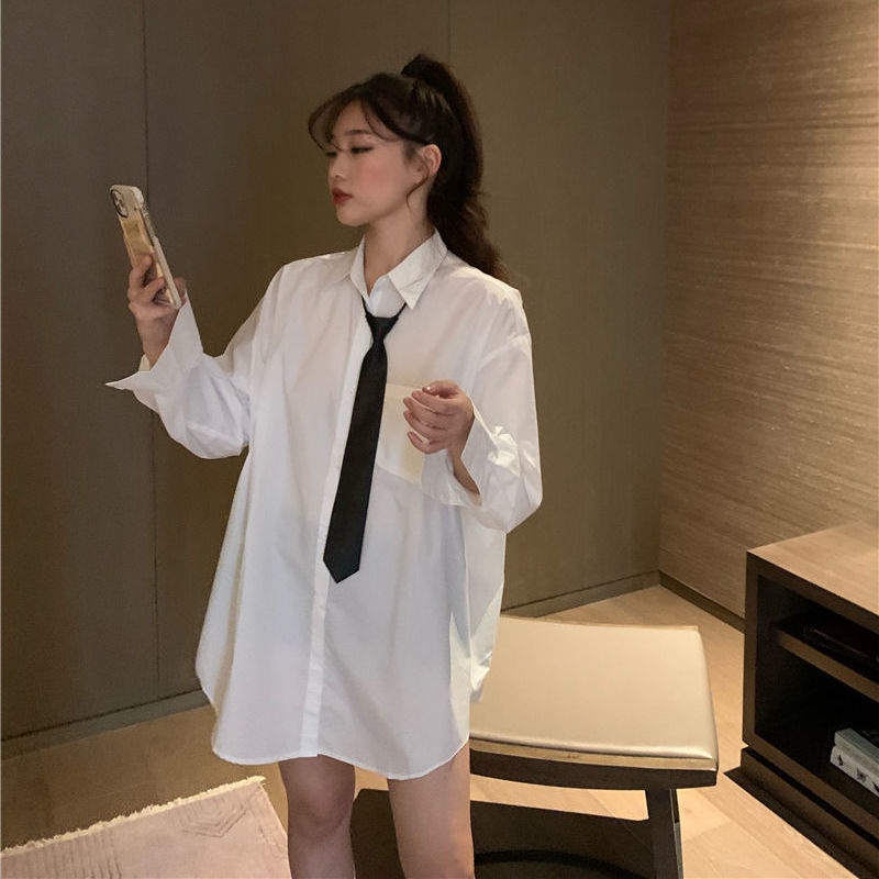 Áo Sơ Mi Trắng Tay Dài Dáng Rộng Phong Cách Bạn Trai Jiashucheng Dễ Phối Đồ