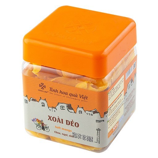 Xoài dẻo thượng hạng Hồng Lam, dạng hộp (200gr, 300gr, 500gr) và gói (200gr). Có vị chua, ngọt, dẻo