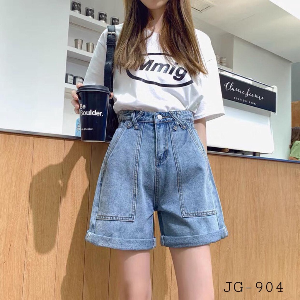 Quần Short Jeans Đai Chéo Túi Vuông, Quần Ngố Jean Lửng Nữ Form Rộng Trơn Basic, Labibi