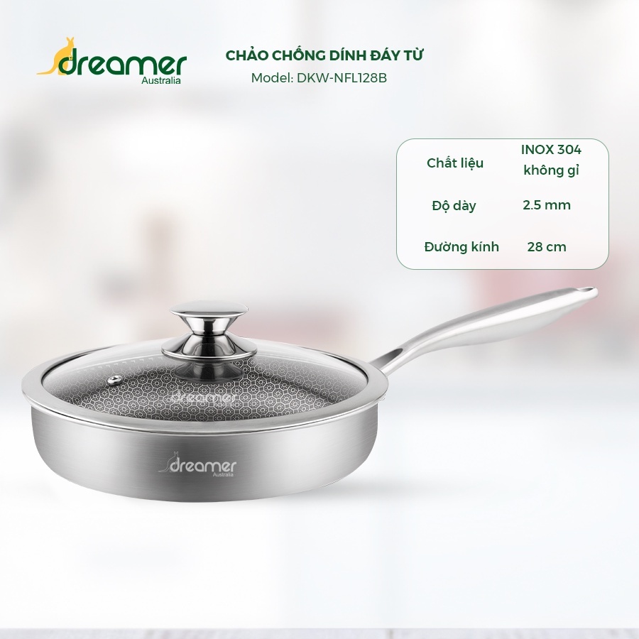 Chảo chống dính bếp từ Inox Dreamer Úc cao cấp -  cấu trúc tổ ong - nắp kính - size 20 - 24 - 26 - 28cm