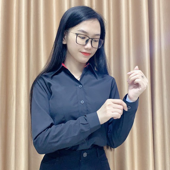 Áo sơ mi Nữ màu đen, Áo sơ mi dài tay công sở phối viền cổ đỏ đẹp !