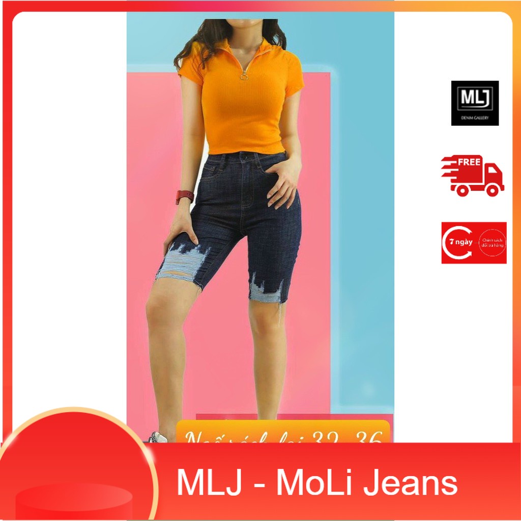 [65kg~90kg] Quần jean ngố / lửng BIGSIZE lưng cao, co dãn mạnh rách màu xanh muối tiêu truyền thống 3746