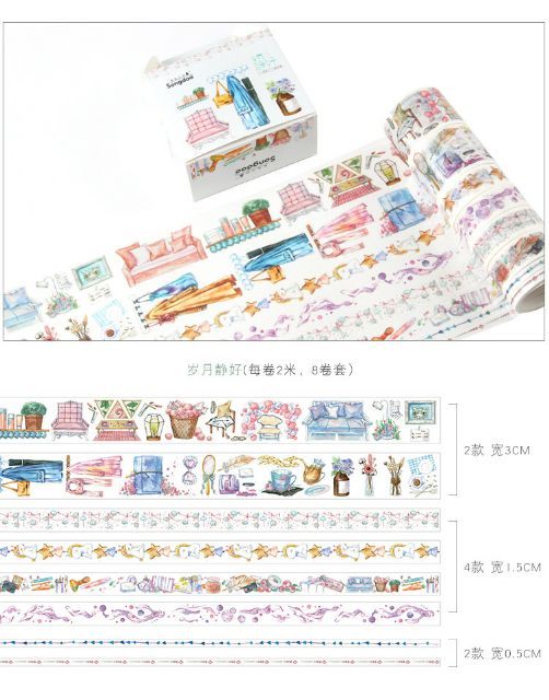 [ SALE] SET 8 CUỘN BĂNG DÍNH WASHI TAPE HỘP GIẤY