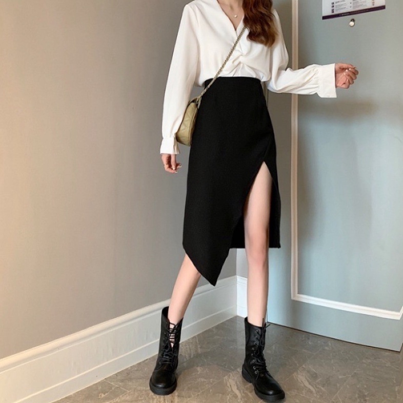 Chân váy chữ a midi xẻ đùi dáng dài siêu hot_XĐ888 chất siêu mát, co dãn, mầu đen trắng