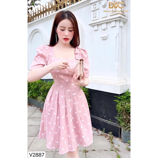 V2887 váy xoè hồng hoa trắng