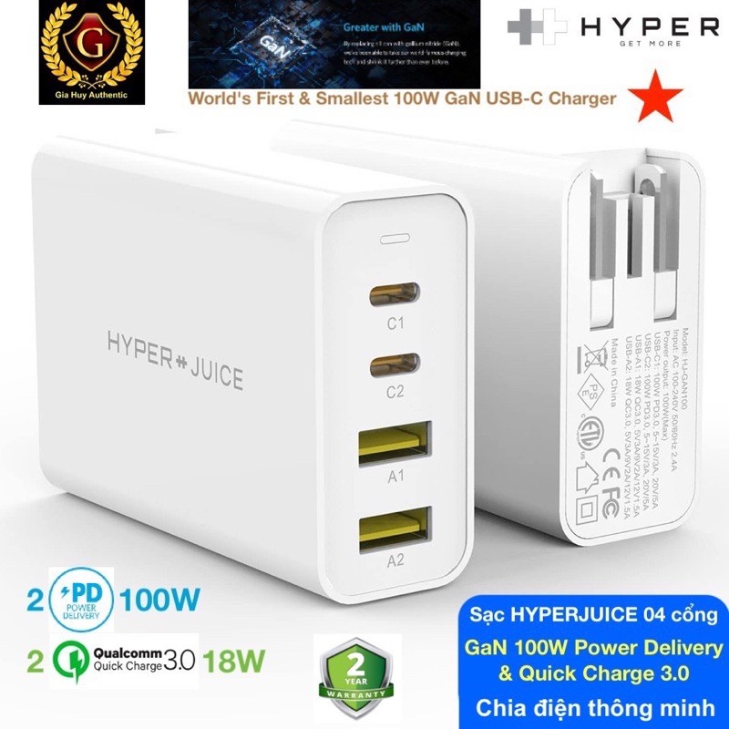 Combo sạc nhanh Macbook Pro, iPad Pro, Note 10, S10 gồm Củ sạc HYPERJUICE GaN 100W (2C-2A) và Cáp sạc HYPERJUICE 100W 2m