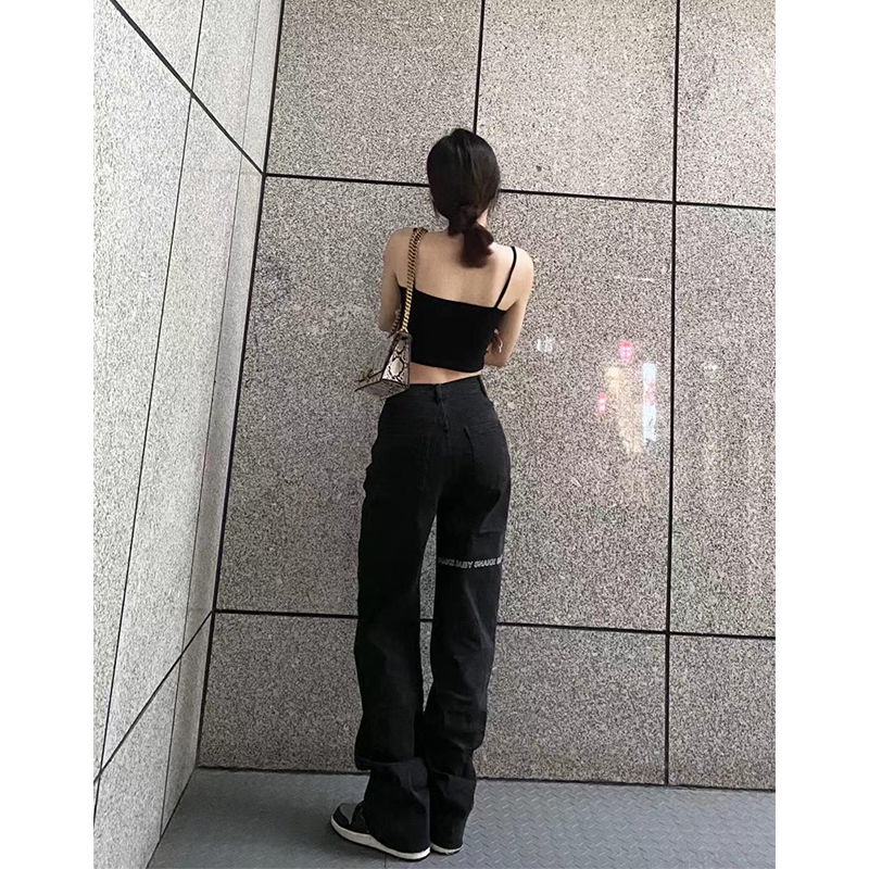 Quần Jean Nữ Lưng Cao In Chữ Màu Đen Cá Tính
