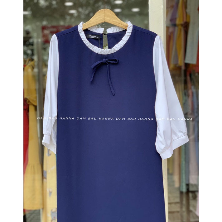 [Size 40 đến 80kg] Đầm bầu công sở xanh đen phối trắng lịch sự dáng suông vải mát không nhăn có túi bên sườn đầm dài
