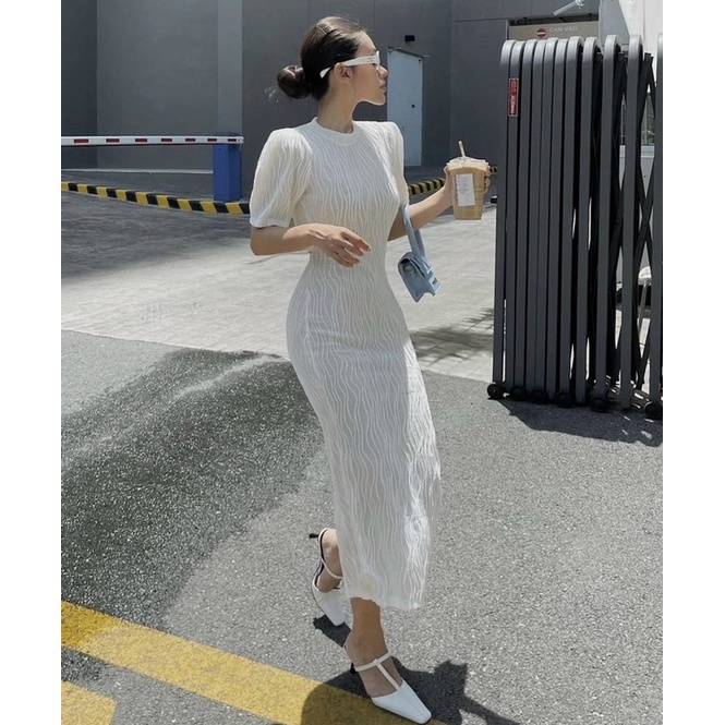 SOBEH đầm ôm tay lửng maxi vân sóng cut eo sang chảnh