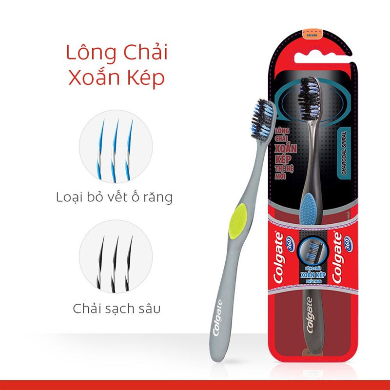 Bàn Chải Đánh Răng Colgate Lông Chải Xoắn Kép Phủ Than 360 Charcoal Spiral