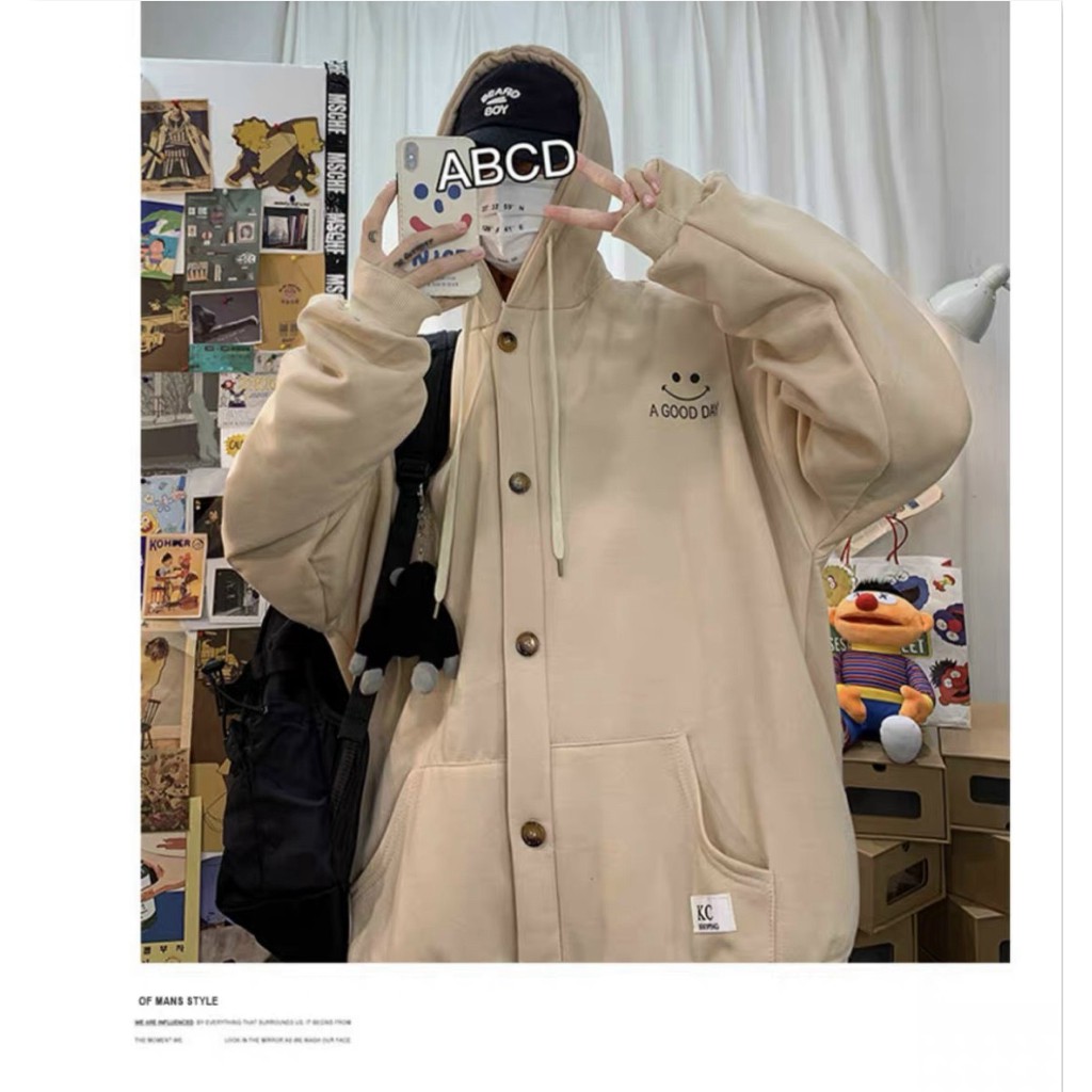 ÁO KHOÁC HOODIE NÚT GÀI MẶT CƯỜI FORM RỘNG CHO NAM CỰC HOT TU