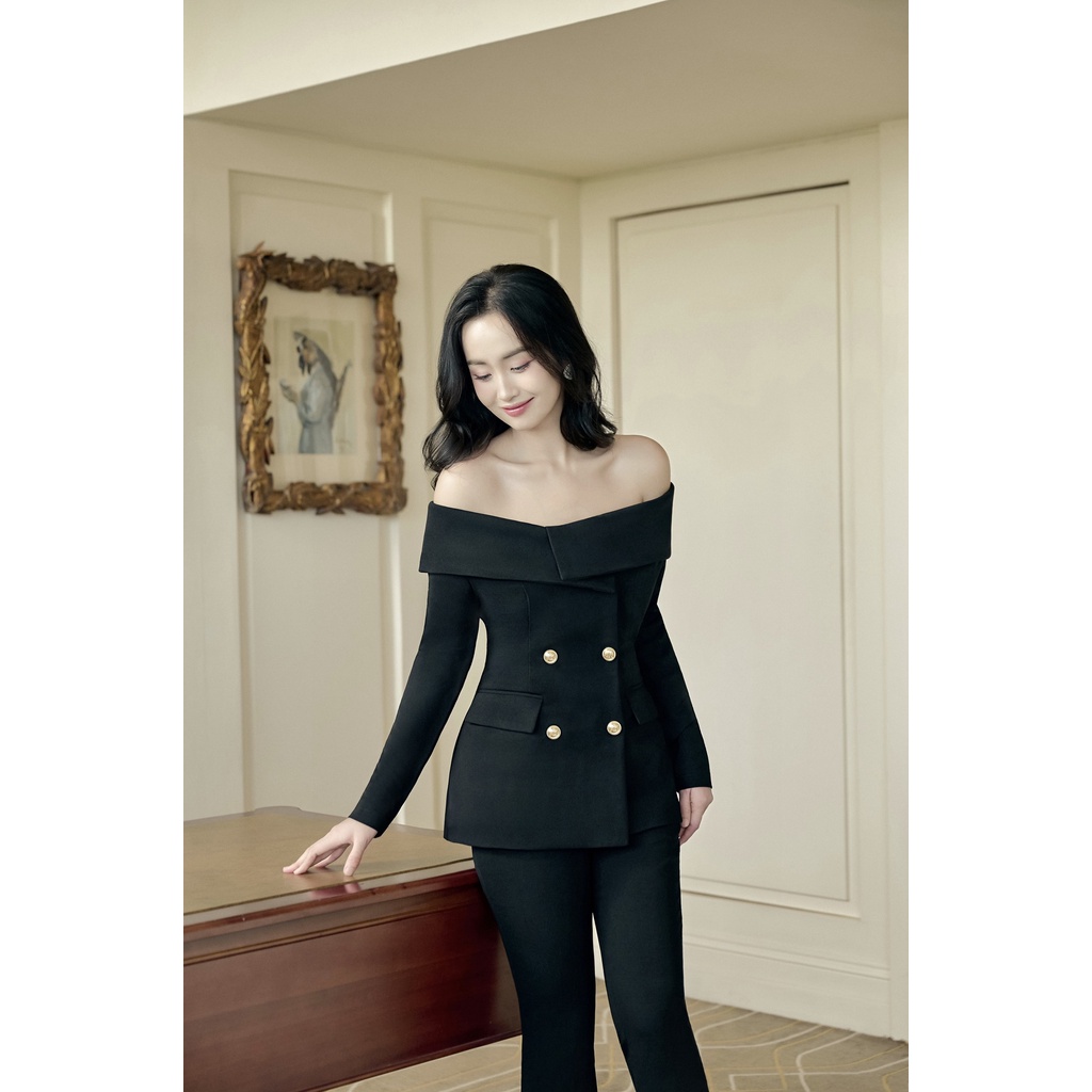 Áo trễ vai tuyết mưa đen dài tay Siena top by MARGERIE