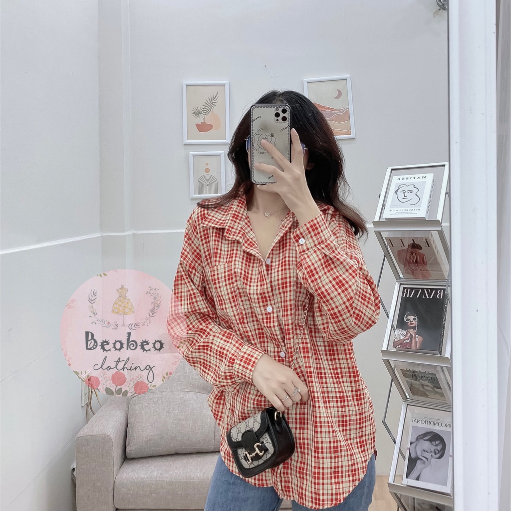 Áo sơ mi oversize sọc kẻ caro tay phồng nhiều màu ulzzang