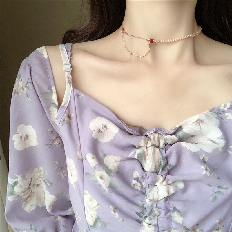 SUXI Dây Chuyền Mặt Trái Tim Đính Ngọc Trai Phong Cách Hàn Quốc
