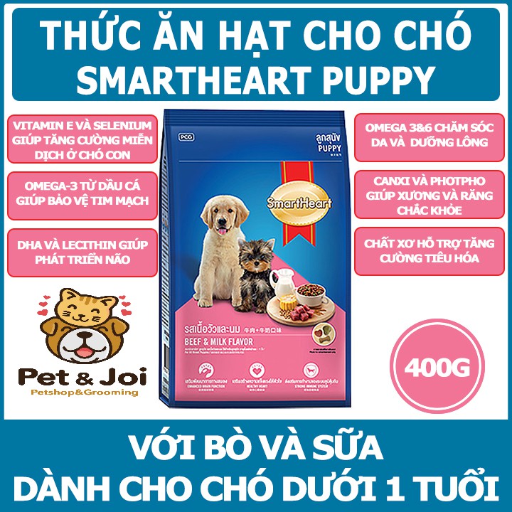 Hạt chó con Smartheart  400g⚡CHỈ 1 NGÀY⚡ Thức ăn cún vị thịt bò và sữa - PET&amp;JOI