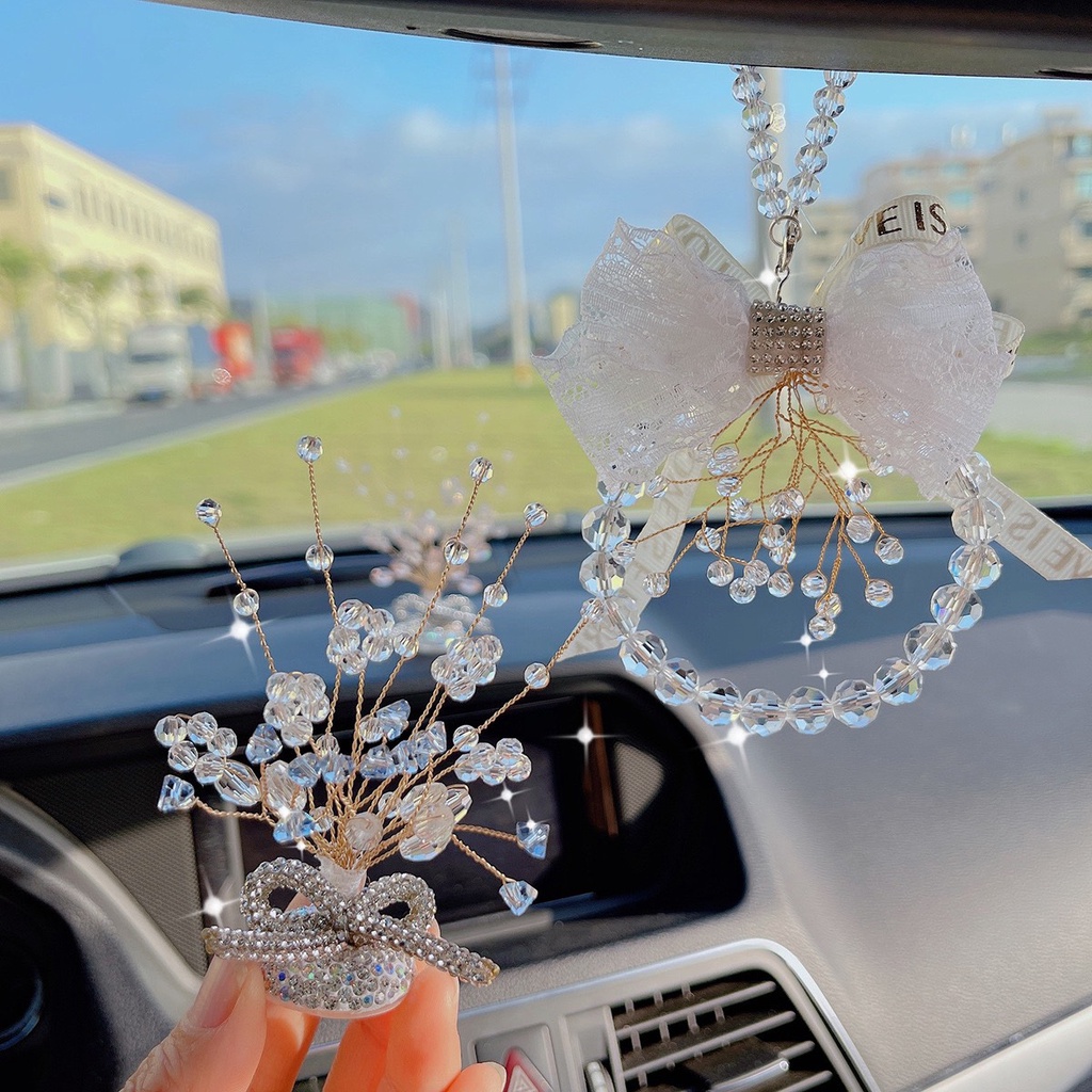 Lọ hoa thủy tinh đính đá nơ decor taplo xe ô tô - Phụ kiện decor taplo xe hơi