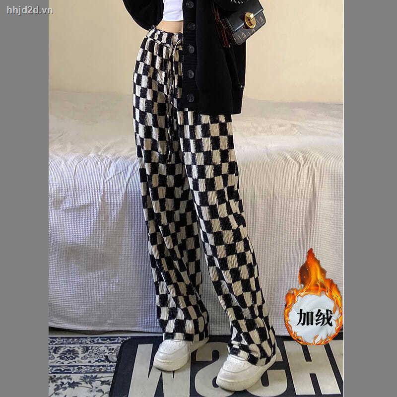 Quần dài ống rộng dáng suông in họa tiết caro/đen viền hông thời trang thu đông hàng mới
