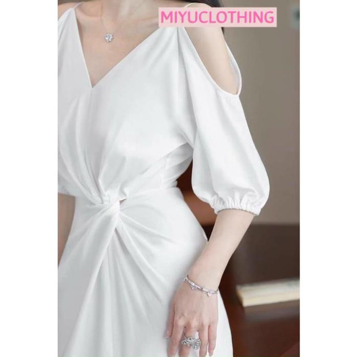 Váy trắng dự tiệc cưới tiểu thư đầm trắng xinh 2 dây hở vai nhún eo xinh đẹp quyến rũ Miyu Clothing
