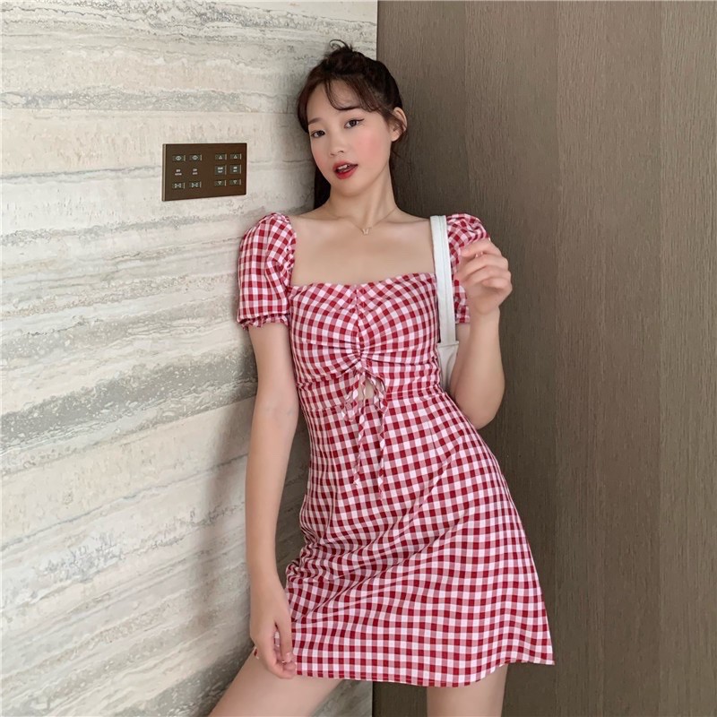 Đầm Tay Phồng SALE 50%💥Caro Đỏ Trắng Dáng Xòe Nhẹ Nhàng Dễ Thương