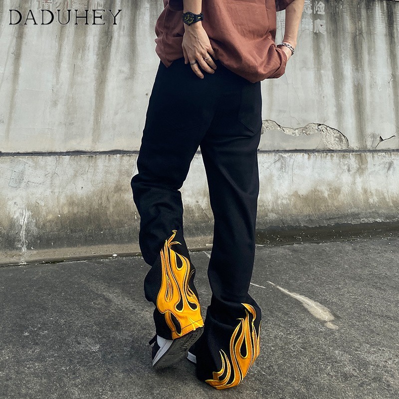 Quần jean baggy ống loe họa tiết ngọn lửa phong cách vintage đường phố hip hop Mỹ