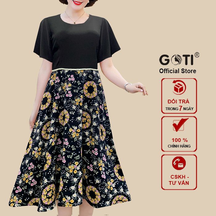 GOTI - Đầm Trung Niên Dáng Dài Kiểu Dự Tiệc Cao Cấp Vải Lụa Mềm Mịn Tay Ngắn Cho Mẹ U40 U50 3349 3330 3340