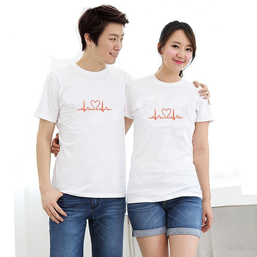 Áo thun cặp đôi in hình nhịp tim đỏ form rộng phong cách hàn quốc
