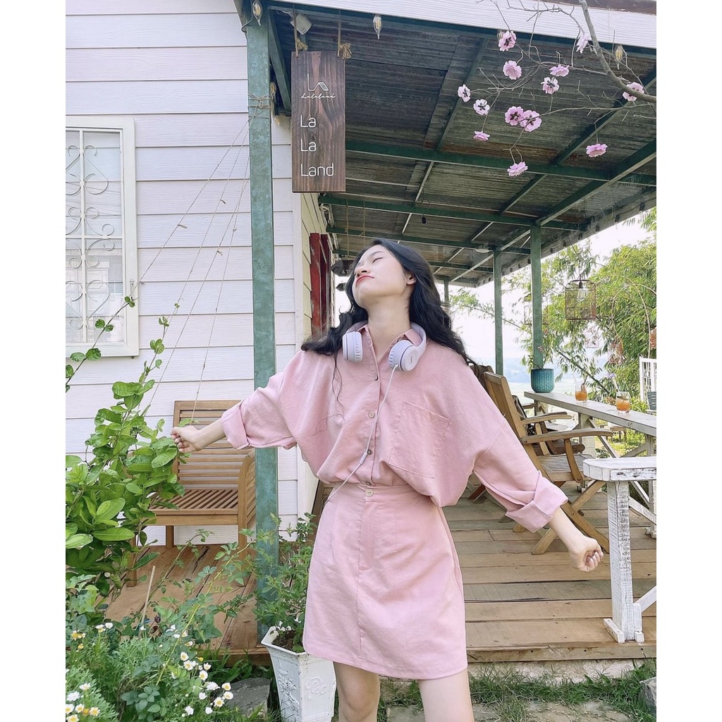 Hava set - Set áo sơ mi tay dài phối chân váy chữ A chất linen thun cực mát ba màu LOVI