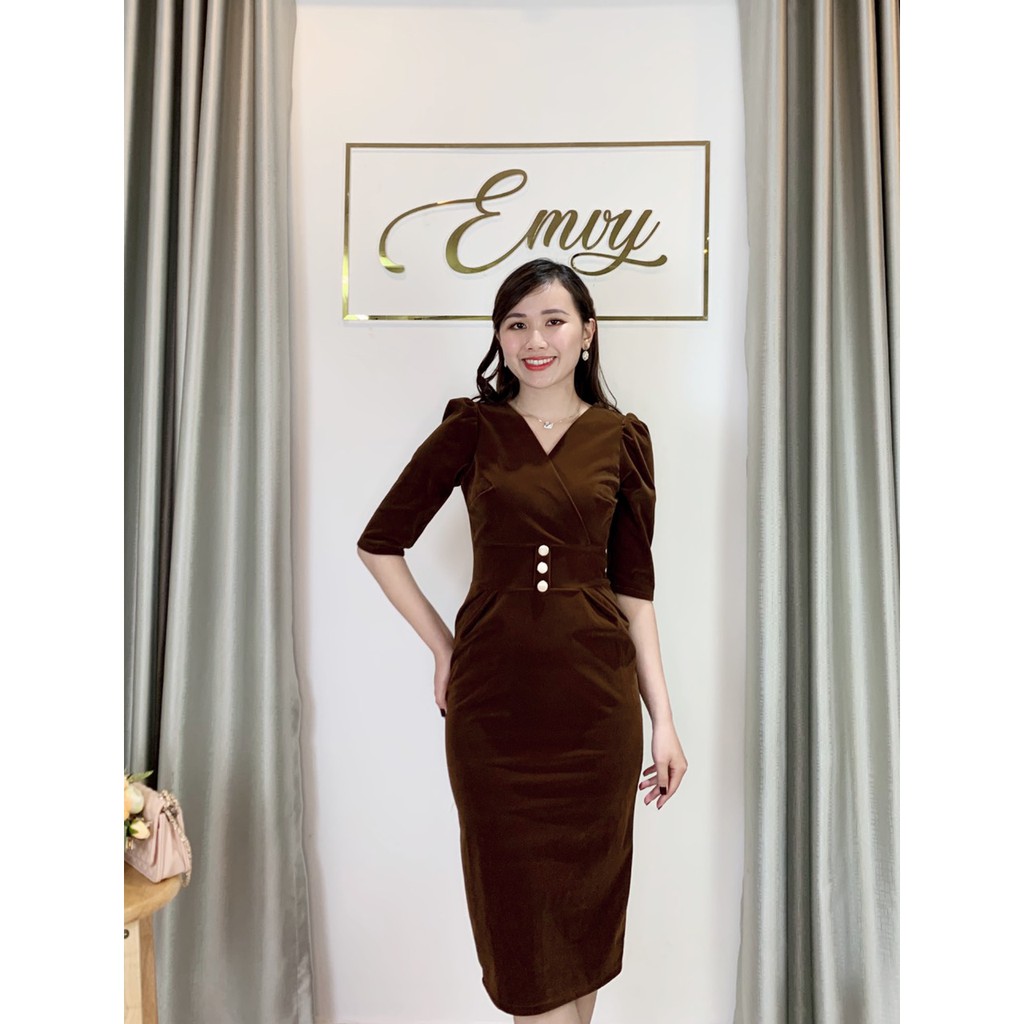 [Mã WASTGO hoàn 10% xu đơn 99k] Váy nhung Thiết kế cổ V tay bồng Emvy - V92 | BigBuy360 - bigbuy360.vn