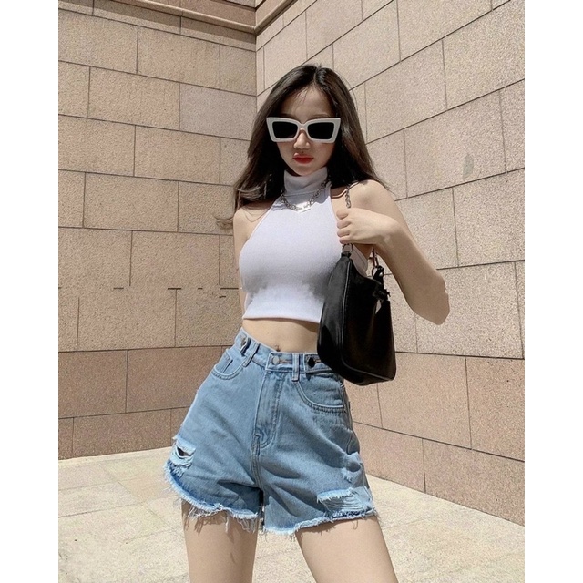 Áo yếm cổ cao from croptop hở lưng nút cài chát thun gân dày mịn dễ mặc alohashop91