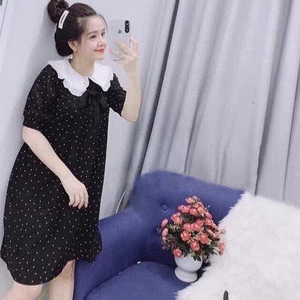 Váy Bầu Đầm Bầu Mùa Hè Chấm Bi Cổ Sen Có Thắt Nơ Đầm Bầu Công Sở HD2811 Honey Mommy
