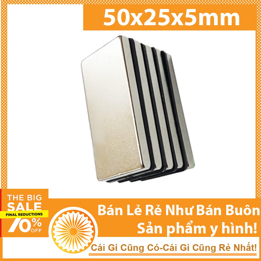 Nam châm đất hiếm 50x25x5mm lực hít cực mạnh, nam châm trắng