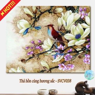 Tranh sơn dầu số hóa tự tô màu theo số có khung THẢ HỒN CÙNG HƯƠNG SẮC SVCV038 ( Tranh trang trí chim sẻ mùa xuân hcm )